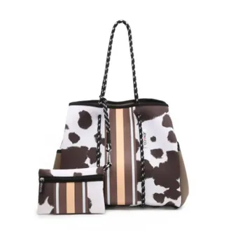 Jen & Co. Womens Cow Print Neoprene Tote Bag In Orange Stripe