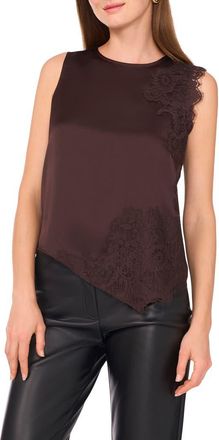 Vince Camuto Lace Detail Asymmetric Hem Satin Tank in Chocolate at Nordstrom, Size X-Large