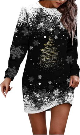 Generic Christmas Dresses for Women Elegant Ladies Xmas Jumpers Round Neck Christmas Sweatshirts Long Ladies Mini Dresses Casual Winter Dresses for Women UK (