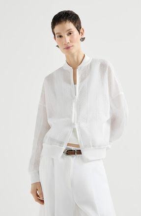 Brunello Cucinelli Cotton organza broderie anglaise bomber jacket with zip and monili in White at Nordstrom, Size 40