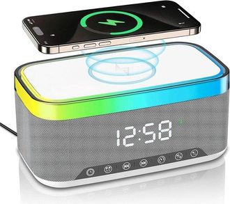 OEM Altavoz Bluetooth Con Carga Inal&aacute;mbrica Y Reloj Digital, Pantalla Led, Carga Qi De 15 W, Altavoz De 2 X 10 W, Bt5.3/aux/tf/usb, Blanco