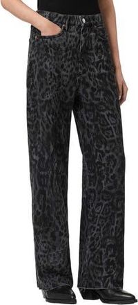AllSaints Blake Leopard Print Wide Leg Jeans in Leppo Black at Nordstrom Rack, Size 24