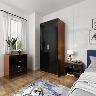 Elegant Lighting Modern High Gloss Wardrobe and Cabinet Bedroom Furniture Set 2 Doors Wardrobe + 4 Drawer Chest + Bedside Cabinet, Black/Walnut - Elegant