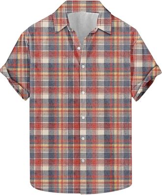 Generic Mens Checked Shirt Flannel Shirt for Men Short Sleeve Casual Shirts Summer Tops Tartan Button Down Shirts Regular Fit Dress Holiday Tops Beach Plaid
