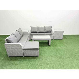 Fimous Outdoor Garden Furniture Sets 7 Seater Wicker Rattan Furniture Sofa Sets with Oblong Coffee Table high Back Lounge Sofa Big Footstool 2 Side Table