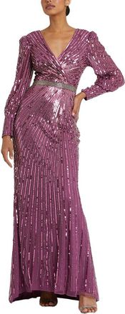 Mac Duggal Sequined Wrap Over Bishop Sleeve Gown