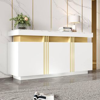 Matteo Modern White & Gold Sideboard - Faux Marble Top, 3-Door Storage