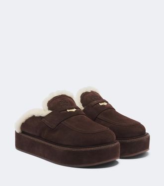 Miu Miu Shearling-lined suede platform mules
