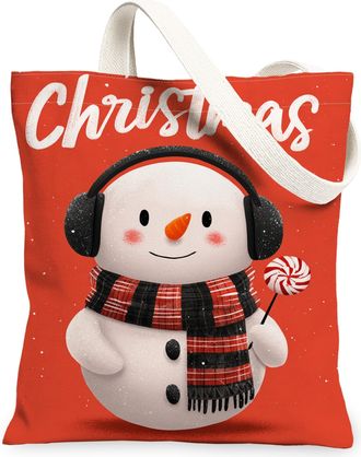 Generic Christmas Snow Man Canvas Tote Bags, Festive Character Pattern Reusable Grocery Bags, Vintage Cute Lightweight Washable Shoulder Strap for Travel 13x1