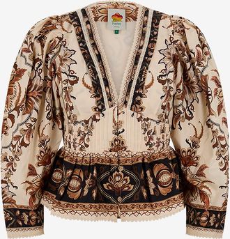 Farm Rio Baumwollbluse mit V-Ausschnitt und Puff&auml;rmeln