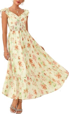 Grace Karin A-Line Summer Dresses for Women UK, Ruffle Sleeves V-Neck Smocked Floral Dress, Beach Maxi Dresses for Women UK Beige-Orange Floral XXL