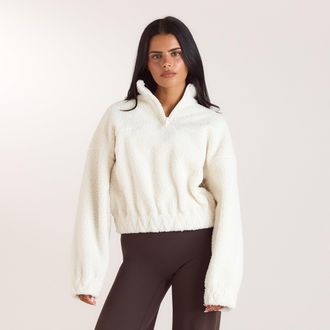 Lounge Borg-trui van fleece met trechterhals - Cr&egrave;me - XXL