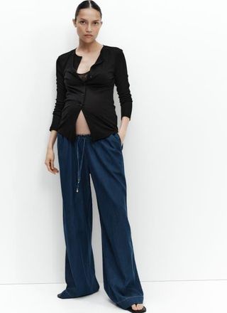 H&M Mama Wide Paper Bag Trousers in Dark Denim Blue at Nordstrom, Size X-Large
