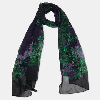 Versace Purple/green Floral Print Silk Scarf