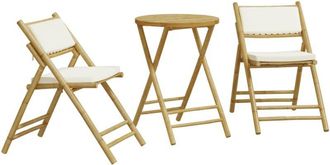 vidaXL 3 Piece Folding Bistro set with Cream White Cushions Bamboo Vidaxl