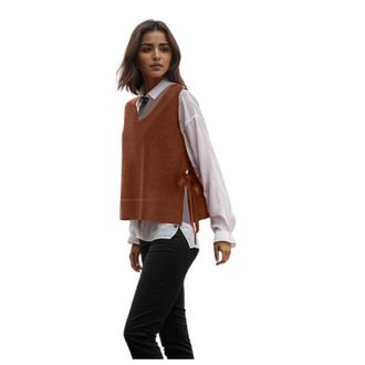 Generic Womens Sleeveless Jumpers Pullover Sweater Vest V-Neck Knitted Waistcoats Crochet Cardigan Gilets Knit Plain Tank Tops Knit Jacket Vest with Side Tie 