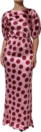 Dolce & Gabbana Roze Rode Polka Dot Zijden Maxi Jurk - Dames - Avondkleed - Roze - S - Satijn - Kleedjes