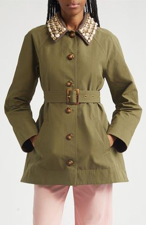 Veronica Beard Langham Waxed Belted Dickey Coat with Removable Collar in Army at Nordstrom, Size X-Large