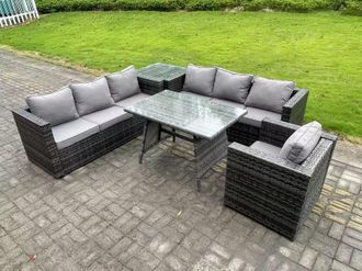 Fimous 7 Seater Wicker PE Rattan Garden Dining Set Outdoor Furniture Sofa with Patio Dining Table Side Table in Dark Grey
