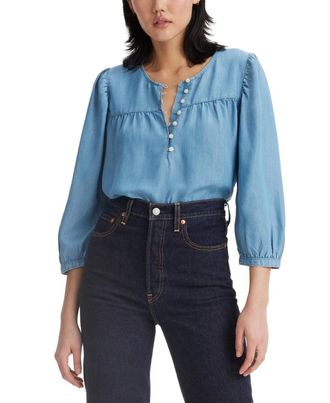 Levi's Halsey Top Womens Blue Button Front Puff Sleeve Relaxed Fit PAL60