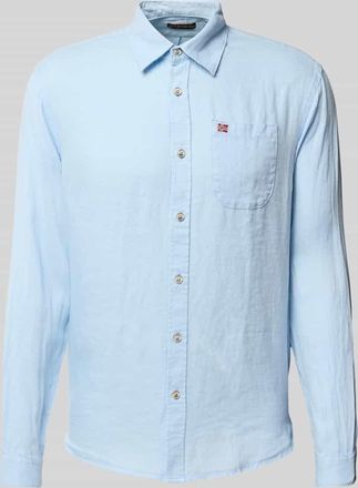 Napapijri Slim Fit Leinenhemd mit Logo-Stitching in Hellblau, Gr&ouml;&szlig;e XL