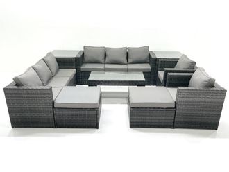 Fimous Rattan Garden Furniture Sofa Set with Coffee table Armchair 2 Side Tables 2 Big Footstools Dark Grey Mixed