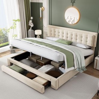 Matteo Upholstered King Size Bed with Large Storage & Headboard in Cream