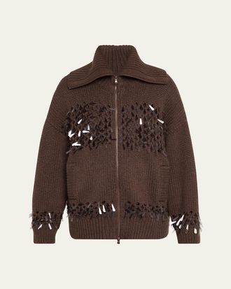 Brunello Cucinelli Sequined Net Stitch Cashmere Zip Cardigan