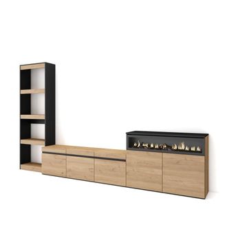 Skraut Home Muebles de sal&oacute;n efecto madera roble y negro 310x35x186cm efecto fuego