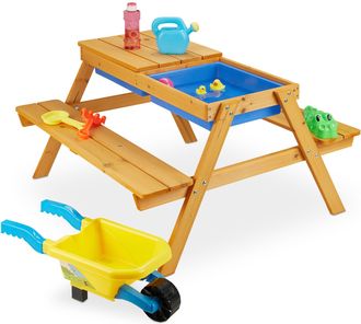 Relaxdays Mesa P&iacute;cnic Infantil, Banco Jard&iacute;n Ni&ntilde;os Con Cocina De Juguete, Para Sentarse Y Jugar, 49 X 90 X 85cm, Natural - Relaxdays