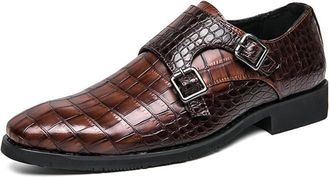 Generic Formal Shoes for Men Slip On Double Monk Strap Plaid PU Leather Non Slip Resistant Block Heel Low Top Anti-Slip Casual(10.5 UK) Brown