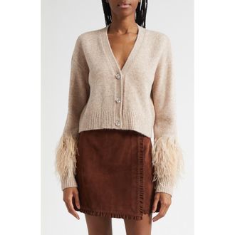 Cinq &agrave; Sept Briana Feather Trim Cardigan in Oatmeal at Nordstrom Rack, Size X-Large