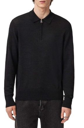 AllSaints Albany Merino Wool Quarter Zip Polo in Cinder Black at Nordstrom, Size Xx-Large