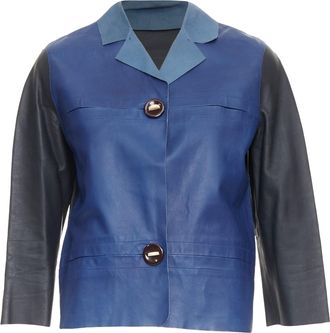 Marni blue black colorblocked calf leather geometric buttons crop jacket IT40 S