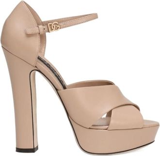 Dolce & Gabbana Beige Leren Plateau Sandalen met Blokhak - Dames - Sandalen met hakken - Beige - 38 1/2 EU - Schoenen