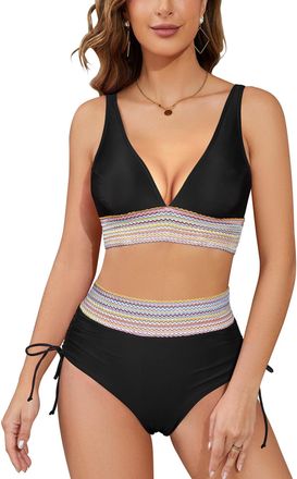 SHEKINI Womens High Waisted Bikini Sets 2 Pieces Bathing Suit V Neck High Cut Tummy Control Swimsuit Set Drawstring Swimwear Black-XXL