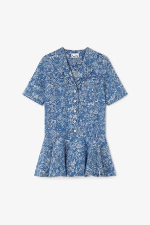 Ganni Blue Tapestry Mini Dress - Size 10/12 Organic Cotton