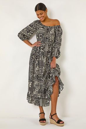 Roman Abstract Print Shirred Midi Dress