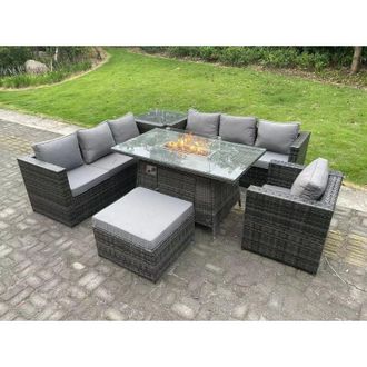 Fimous Fimous Rattan Garden Furniture Sofa Set Outdoor Patio Gas Fire Pit Dining Table Gas Heater Burner With Side Table Armchair Big Footstool 8 Seater