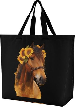 Generic Horse Sunflowers Reusable Shopping Bags Large Capacity Grocery Bag Heavy Duty Tote for Women 40x40x16cm