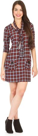 Papillon Plaid 3/4 Sleeve Dress With Pockets & Scarf In Blue/red