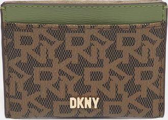 DKNY Dkny Brown/green Monogram Coated Canvas And Leather Logo Card Holder