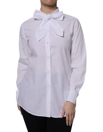 Dolce & Gabbana Womens White Ascot Collar Long Sleeve Blouse Top Cotton