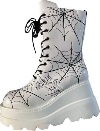 Generic White Ladies Gothic Fashion Boots with Round Toe and Sloping Heel Thick Soled Web Construction Perfect for Winter Wear and Trendy Appearances Comforta