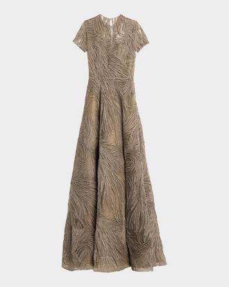 Naeem Khan Short-Sleeve Illusion-Neck Raffia Gown