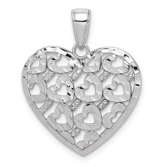 Diamond2Deal 14K White Gold Diamond-cut Heart Pattern On Heart Charm Pendant