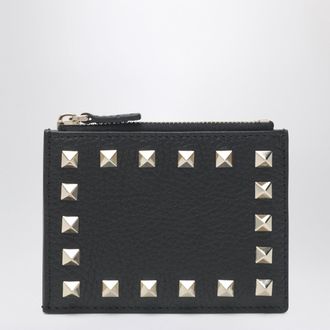 Valentino Black Leather Rockstud Zip Card Holder