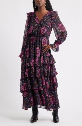 Treasure & Bond Tiered Ruffle Faux Wrap Maxi Dress in Black-Pink Painterly Medallion at Nordstrom Rack, Size X-Small