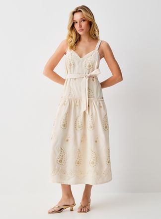 Icone Womens Golden embroidery maxi belted dress