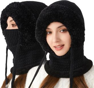 Generic 3 in 1 Balaclava Hat with Scarf and Mask Women Winter 3-in-1 Set Premium Knitted Warm Plush-Lined Adjustable Hood Black